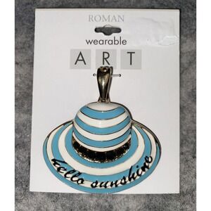 Wearable Art Pendant By‎ Roman 2" Hello Sunshine Hat Blue White Rhinestones NEW